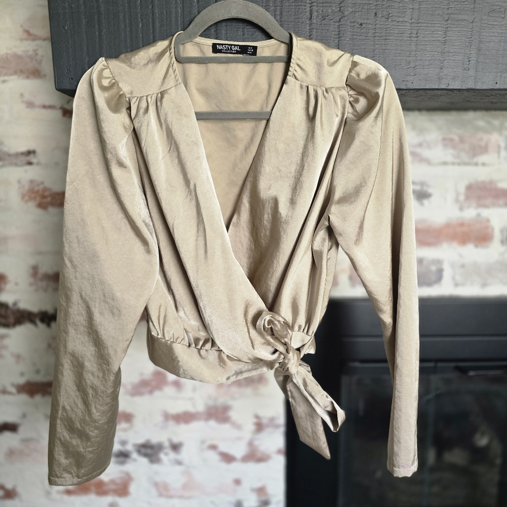Nasty Gal Women's Beige Satin Wrap Blouse